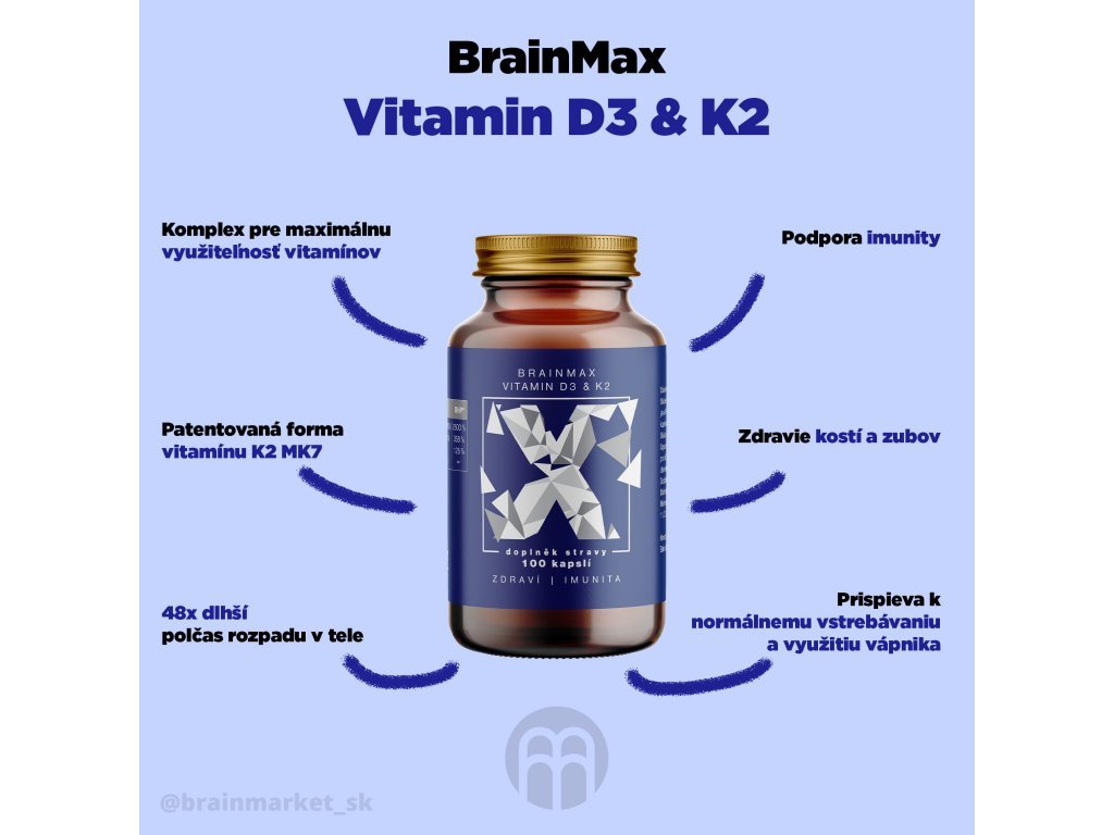 BrainMax Vitamín D3 & K2, D3 5000 IU / K2 ako MK7 150 mcg, 100 kapsúl